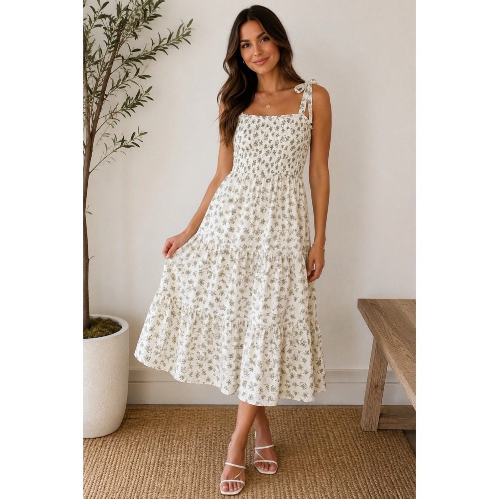 Celebrity Pink Women's Floral Smocked Midi Dress White Green Tie Strap Size M
